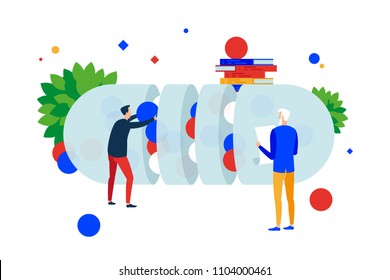 Create cure. The process of creating drugs. Two people create medicinal tablets. Vector illustration. Separate objects.