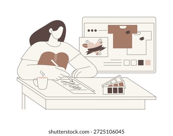 Individuelles Design erstellen, einzelne Cartoon-Vektorgrafiken. Konzentrierte T-Shirt Druck Service Besitzer Schaffung neuen Design, kleine Unternehmen, Service-Sektor, professionelle Menschen Vektor Cartoon.