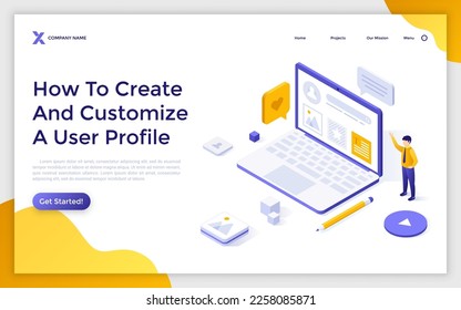 Create and Customize User Profile isometric landing page template. Social network service on internet website design. Sign up for online medial project. 3d vector illustration for web page development