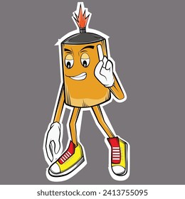 create a cute cartoon puppet mascot walking sideways with one finger pointed