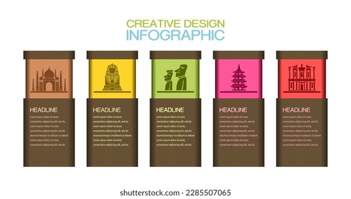 Create design concepts infographic with landmark sign icons on white background. Modern vector, text box used for presentations and workflow diagrams, web design, 5 elements step options.