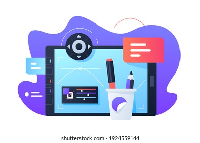 Create design on tablet vector illustration. Screen with notification flat style. Art on modern device. Technology and creative job concept. Isolated on white background