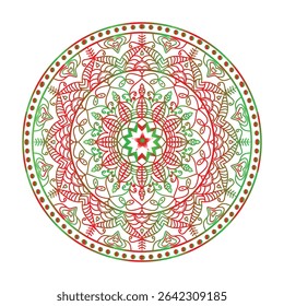 Crie um design de mandala detalhado e simétrico com padrões florais e folhas intrincados em vermelho, verde colar .