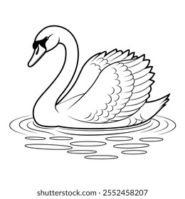 Create a detailed vector-style illustration of an elegant swan floating gracefully on calm water.