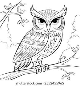 Create a detailed vector-style illustration of an owl designed specifically for a coloring page