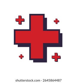 Crie uma ilustração digital em um estilo pixel art, com uma cruz vermelha proeminente como assunto central.