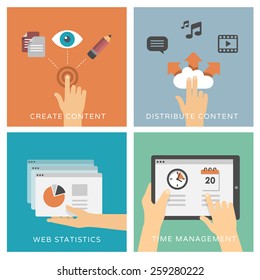 Create and distribute content too media, web analytics & time management - set of flat design illustrations / icons