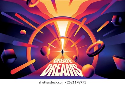 Create dreams. Banner with silhouette of man surrounded by imaginary fantasy world with abstract geometric shapes. Character goes to goals and dreams. Cartoon gradient vector illustration