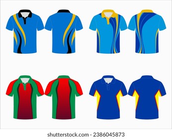 Create editable vector mockups for men's sports polo shirts with front and back views. Templates feature blank sublimated white, and colored, suitable for soccer, football, golf, tennis collection.