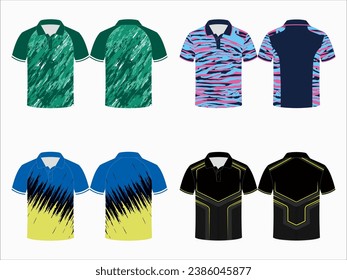 Create editable vector mockups for men's sports polo shirts with front and back views. Templates feature blank sublimated white, and colored, suitable for soccer, football, golf, tennis collection.