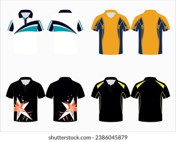 Create editable vector mockups for men's sports polo shirts with front and back views. Templates feature blank sublimated white, and colored, suitable for soccer, football, golf, tennis collection.