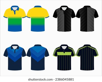 Create editable vector mockups for men's sports polo shirts with front and back views. Templates feature blank sublimated white, and colored, suitable for soccer, football, golf, tennis collection.