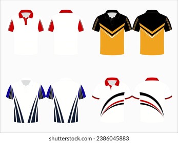 Create editable vector mockups for men's sports polo shirts with front and back views. Templates feature blank sublimated white, and colored, suitable for soccer, football, golf, tennis collection.