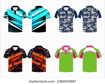 Create editable vector mockups for men's sports polo shirts with front and back views. Templates feature blank sublimated white, and colored, suitable for soccer, football, golf, tennis collection.