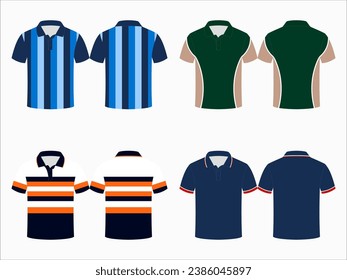 Create editable vector mockups for men's sports polo shirts with front and back views. Templates feature blank sublimated white, and colored, suitable for soccer, football, golf, tennis collection.