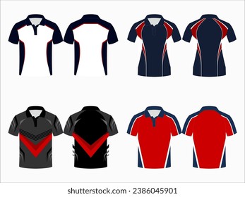 Create editable vector mockups for men's sports polo shirts with front and back views. Templates feature blank sublimated white, and colored, suitable for soccer, football, golf, tennis collection.