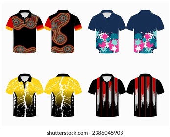 Create editable vector mockups for men's sports polo shirts with front and back views. Templates feature blank sublimated white, and colored, suitable for soccer, football, golf, tennis collection.