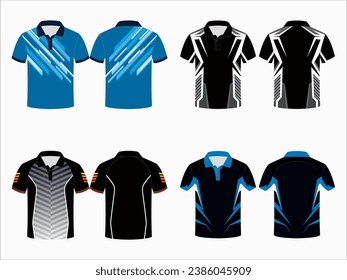 Create editable vector mockups for men's sports polo shirts with front and back views. Templates feature blank sublimated white, and colored, suitable for soccer, football, golf, tennis collection.