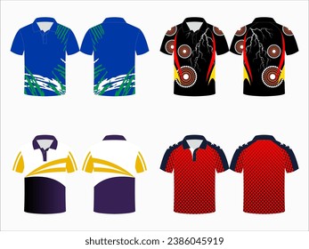 Create editable vector mockups for men's sports polo shirts with front and back views. Templates feature blank sublimated white, and colored, suitable for soccer, football, golf, tennis collection.