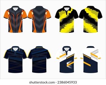 Create editable vector mockups for men's sports polo shirts with front and back views. Templates feature blank sublimated white, and colored, suitable for soccer, football, golf, tennis collection.