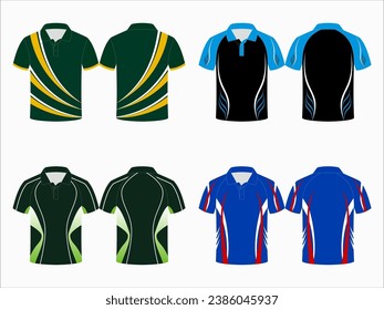 Create editable vector mockups for men's sports polo shirts with front and back views. Templates feature blank sublimated white, and colored, suitable for soccer, football, golf, tennis collection.