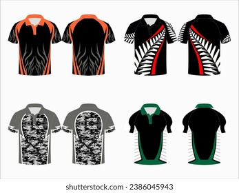 Create editable vector mockups for men's sports polo shirts with front and back views. Templates feature blank sublimated white, and colored, suitable for soccer, football, golf, tennis collection.