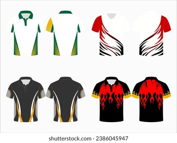 Create editable vector mockups for men's sports polo shirts with front and back views. Templates feature blank sublimated white, and colored, suitable for soccer, football, golf, tennis collection.