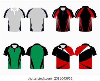 Create editable vector mockups for men's sports polo shirts with front and back views. Templates feature blank sublimated white, and colored, suitable for soccer, football, golf, tennis collection.