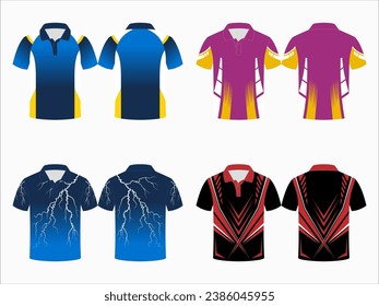 Create editable vector mockups for men's sports polo shirts with front and back views. Templates feature blank sublimated white, and colored, suitable for soccer, football, golf, tennis collection.