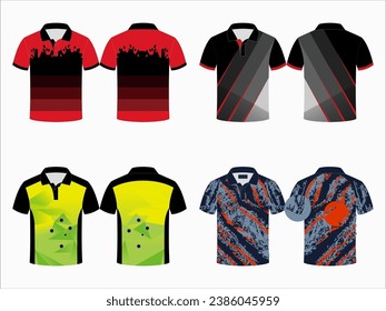 Create editable vector mockups for men's sports polo shirts with front and back views. Templates feature blank sublimated white, and colored, suitable for soccer, football, golf, tennis collection.