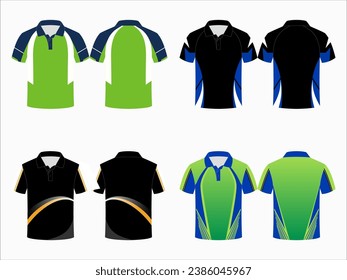 Create editable vector mockups for men's sports polo shirts with front and back views. Templates feature blank sublimated white, and colored, suitable for soccer, football, golf, tennis collection.