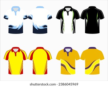 Create editable vector mockups for men's sports polo shirts with front and back views. Templates feature blank sublimated white, and colored, suitable for soccer, football, golf, tennis collection.