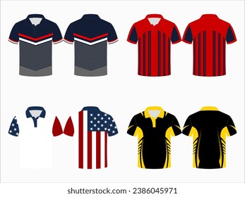 Create editable vector mockups for men's sports polo shirts with front and back views. Templates feature blank sublimated white, and colored, suitable for soccer, football, golf, tennis collection.