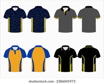 Create editable vector mockups for men's sports polo shirts with front and back views. Templates feature blank sublimated white, and colored, suitable for soccer, football, golf, tennis collection.