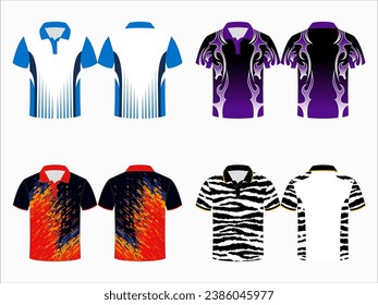 Create editable vector mockups for men's sports polo shirts with front and back views. Templates feature blank sublimated white, and colored, suitable for soccer, football, golf, tennis collection.