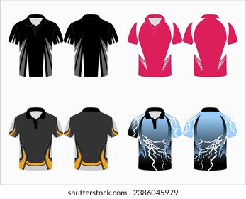 Create editable vector mockups for men's sports polo shirts with front and back views. Templates feature blank sublimated white, and colored, suitable for soccer, football, golf, tennis collection.