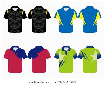 Create editable vector mockups for men's sports polo shirts with front and back views. Templates feature blank sublimated white, and colored, suitable for soccer, football, golf, tennis collection.