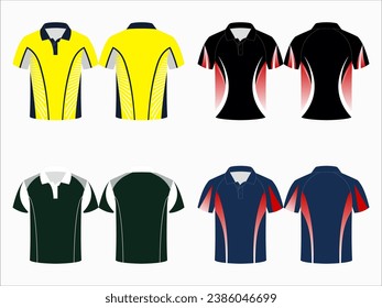 Crear maquetas vectoriales editables para polo deportivo masculino con vistas frontales y traseras. Las plantillas presentan blanco sublimado en blanco y coloreado, adecuado para fútbol, fútbol, golf, colección de tenis.