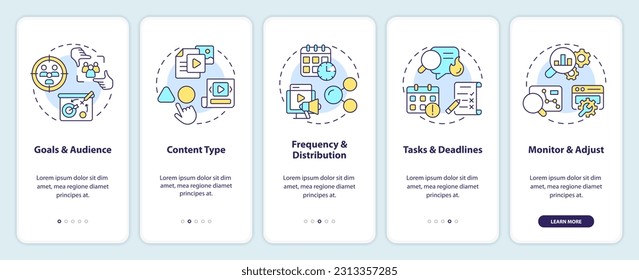 Crear calendario editorial a bordo de la pantalla de aplicación móvil. Recorrido de marketing de contenido 5 pasos instrucciones gráficas editables con conceptos lineales. UI, plantilla UX. Multitud de tipos de letra Pro-Bold, con uso regular