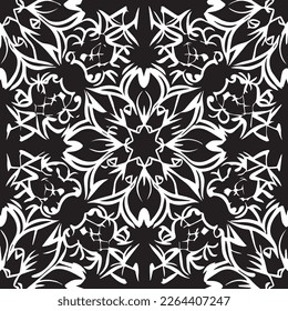 Crea un entorno elegante con motivos ornamentales de encaje y mandala, con siluetas monocromas de plantas primaverales y elementos de inspiración india. Esta versión moderna del barroco clásico