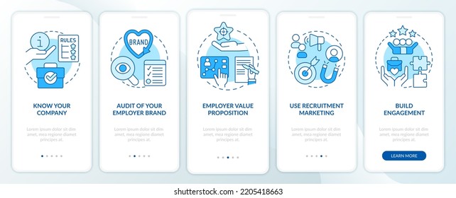 Create employer brand blue onboarding mobile app screen. HR program walkthrough 5 steps editable graphic instructions with linear concepts. UI, UX, GUI template. Myriad Pro-Bold, Regular fonts used