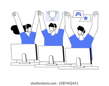 Create e-sport team isolated cartoon vector illustrations. Group of diverse cybersport gamers becoming e-sport team, celebrate winning, entertainment business, get sponsorship vector cartoon.