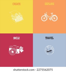 create, explore, smile, travel, four colors of different and colorful background, drawings in white of a typewriter, bicycle, camera and a plane circling the earth.
Fashion Design, Vectors for t-shirt