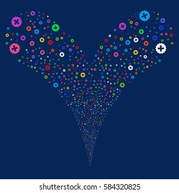 Create fireworks stream. Vector illustration style is flat bright multicolored iconic symbols on a blue background. Object double fountain done from random icons.