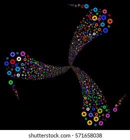 Create fireworks swirl rotation. Vector illustration style is flat bright multicolored iconic symbols on a black background. Object spiral done from random design elements.