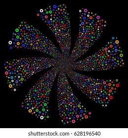 Create fireworks swirl rotation. Vector illustration style is flat bright multicolored iconic symbols on a black background. Object spiral done from random design elements.