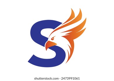 Create a flying eagle logo with a ribbon flowing from its talons, minimalist style, clean lines, and a white background