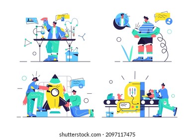 Create formula, telephone call, build rocket, control manufacturing set vector illustration. Factory, lab, startup, communication linear style