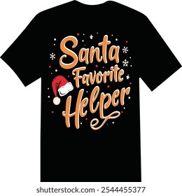 "Create a fun Christmas t-shirt with the phrase ‘Santa’s Favorite Here-er.’ Use bold, festive typography in red, green, and white. Add holiday elements like Santa hats, reindeer, and snowflakes.