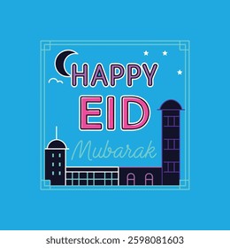  Create glowing neon typography of "Happy Eid Mubarak" against a dark urban backdrop for a striking digital design.